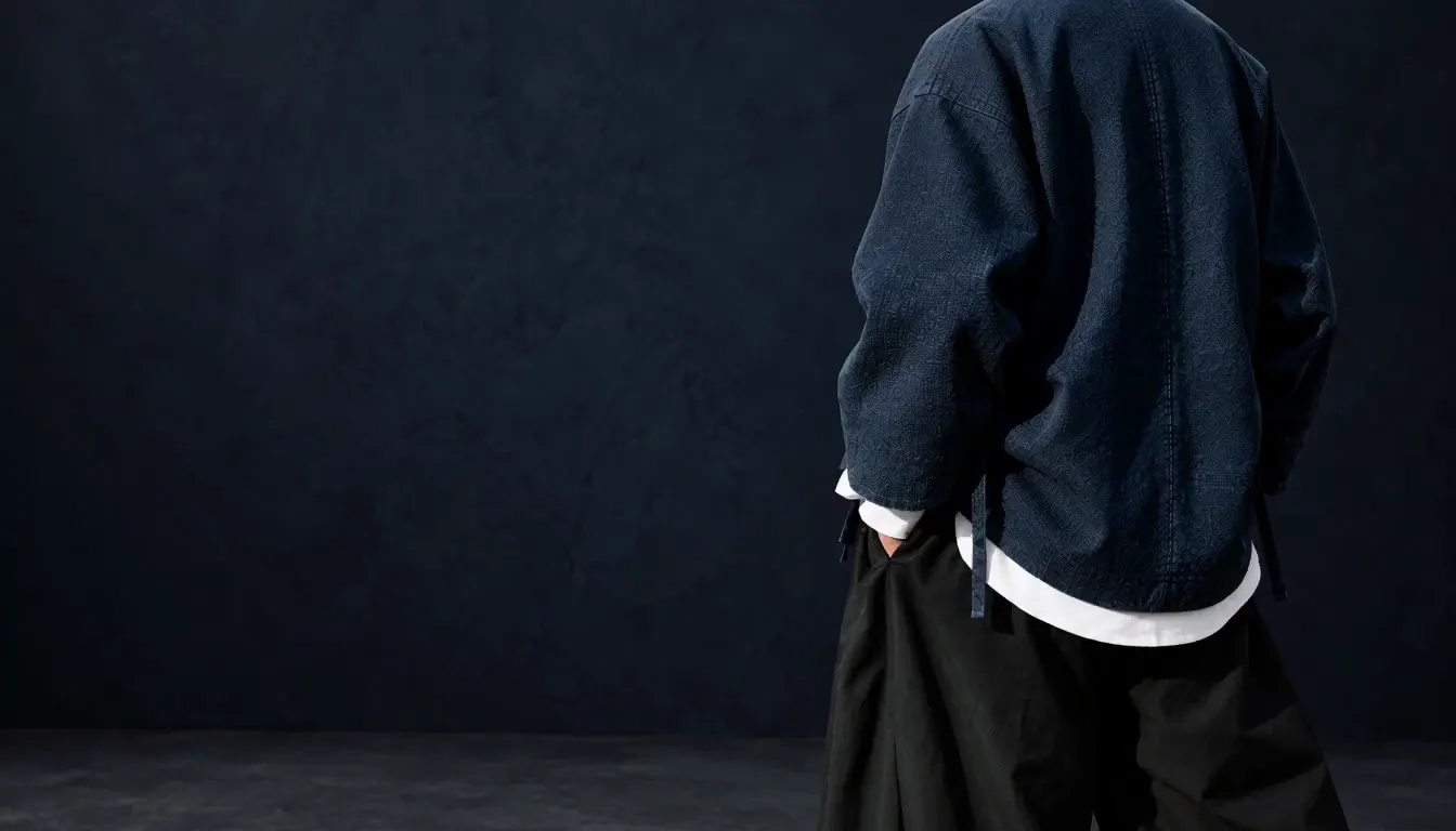 Rear view of a textured navy jacket, white layers and loose charcoal trousers in a dark studio; the face stays outside the frame.